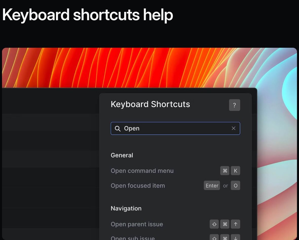 Панель Keyboard Shortcuts в Linear с поиском и разделами General и Navigation