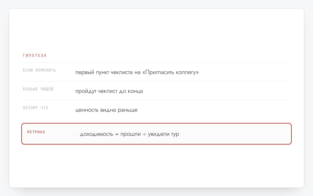 Карточка гипотезы: если изменить первый пункт чеклиста, больше людей пройдут его до конца, потому что ценность видна раньше; метрика — доходимость