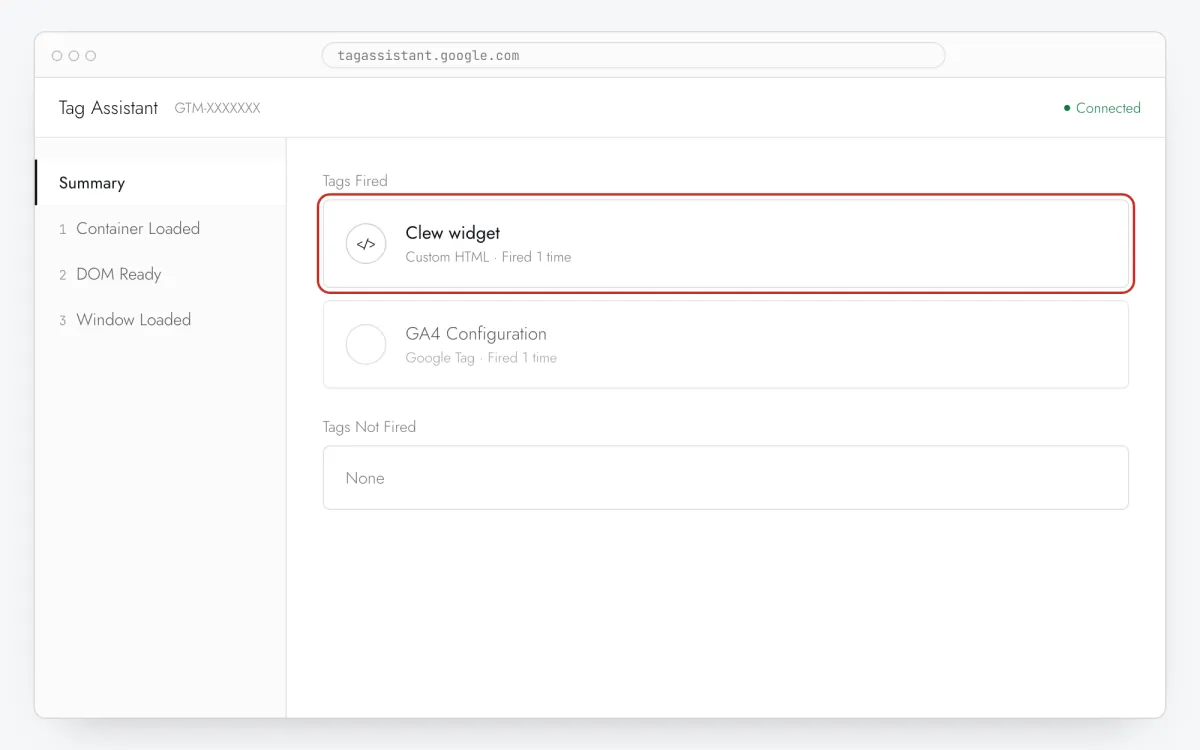 Tag Assistant: тег Clew widget в списке Tags Fired