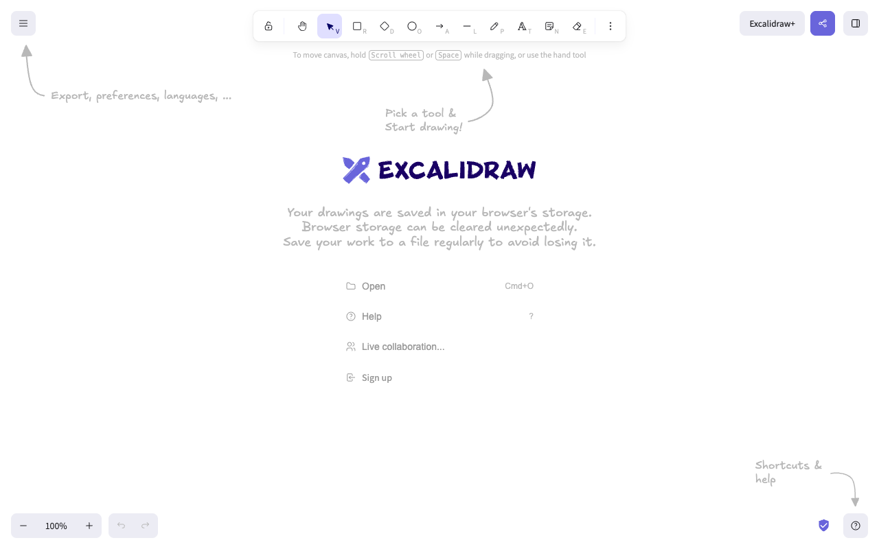 Стартовый экран Excalidraw: пустой холст, панель инструментов сверху и нарисованные от руки стрелки с подписями «Pick a tool & Start drawing!» и «Export, preferences, languages, ...»