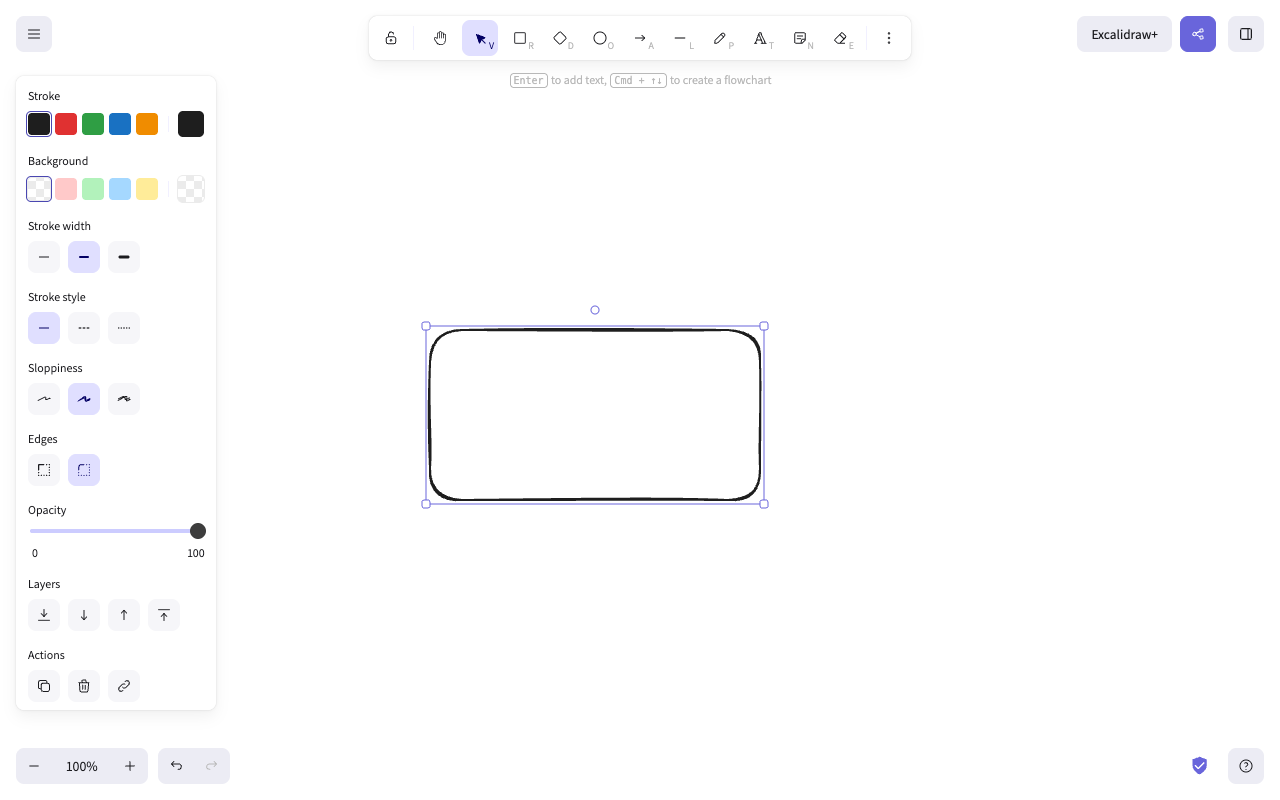 Холст Excalidraw с одним нарисованным от руки прямоугольником, панель свойств слева и строка подсказки «Enter to add text, Cmd + вверх/вниз to create a flowchart»