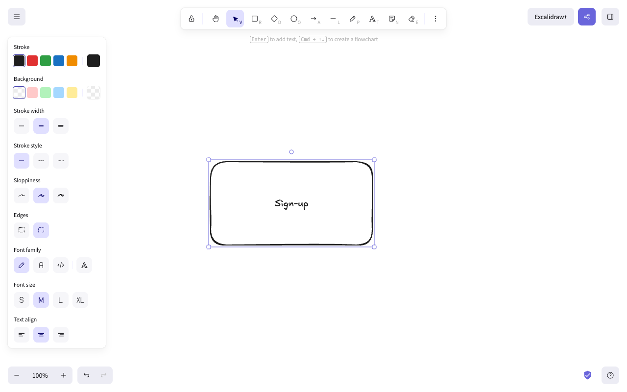 Тот же прямоугольник Excalidraw со словом «Sign-up» внутри; в левой панели появились шрифт, размер и выравнивание текста