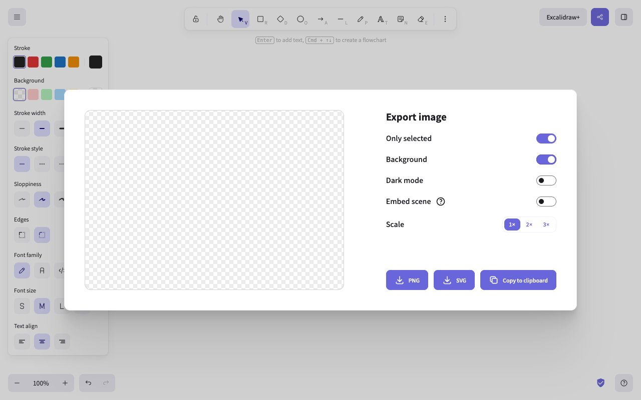 Диалог Excalidraw «Export image» с включённым переключателем «Only selected» и пустым шахматным превью рядом с кнопками PNG, SVG и Copy to clipboard
